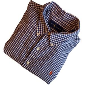 Ralph Lauren Mens XL Gingham Button Down Shirt Navy White Long Sleeve Pony Logo